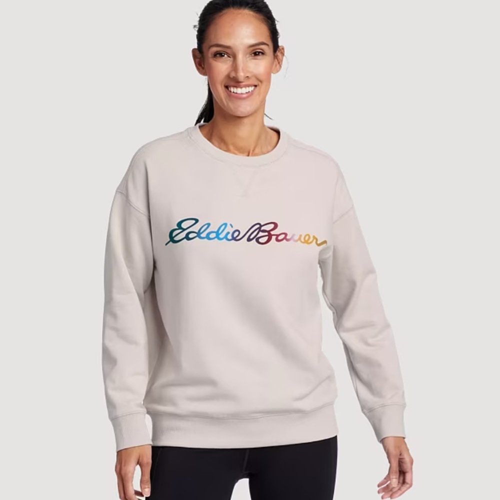 Eddie Bauer Women's Cozy Camp Logo Crewneck Sweatshirt Ombre Rainbow, size M